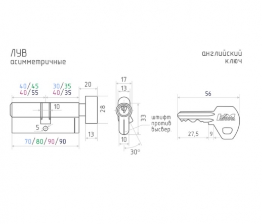 Цилиндровый механизм ключ/вертушка Нора-М Лув-90 (55-35В) Латунь