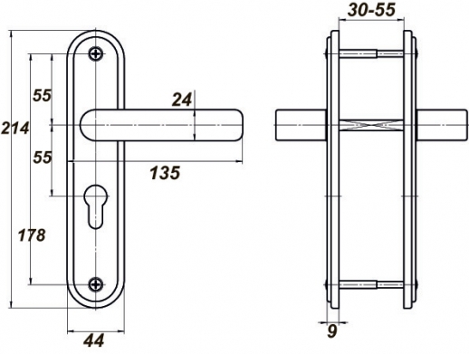 Ручка дверная на планке под цилиндр МЕТТЭМ для ЗВ4 НР0901 (плоская) медный антик