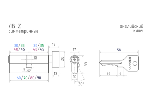 Цилиндровый механизм ключ/вертушка ЕСО Z ЛВ-60 (Латунь) (30-30) Нора-М 5 кл.