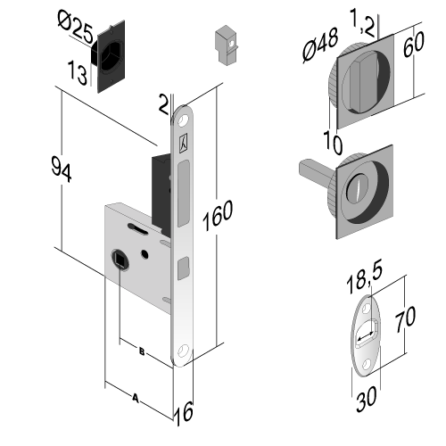 Комплект для раздвижных дверей Bonaiti WC (Механизм G500T H21 +ручки EASY QUADRO) матовый хром