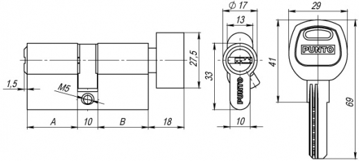 Цилиндровый механизм Punto (Пунто) с вертушкой A202/90 mm (45+10+35) SN мат. никель 5 кл.