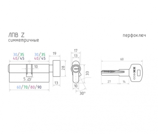 Цилиндровый механизм ключ/вертушка НОРА-М ECO Z ЛПВ 60 мм (30-30) хром