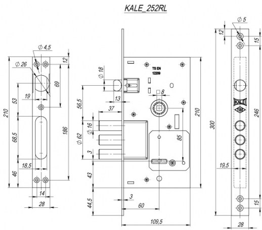 Замок Kale kilit (Кале килит) врезной сувальдный с защёлкой 252/RL, 5 кл. (кл. 60 мм)